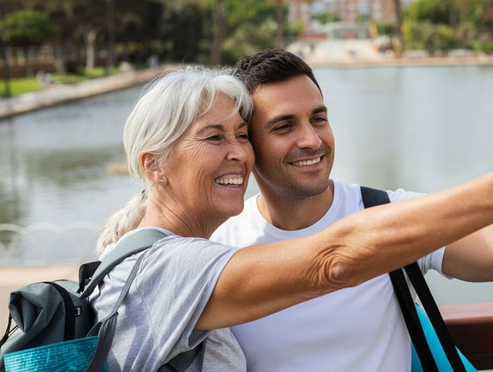 Happy elderly woman with son smiling by waterfront Happy elderly woman with son smiling by waterfront