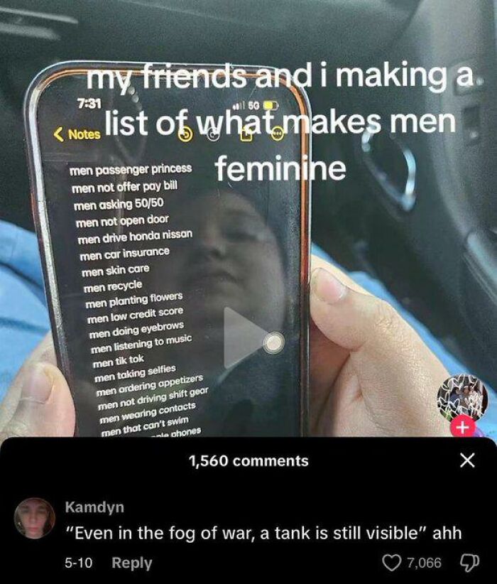 Humorous screenshot listing what makes men feminine on phone with social media comment