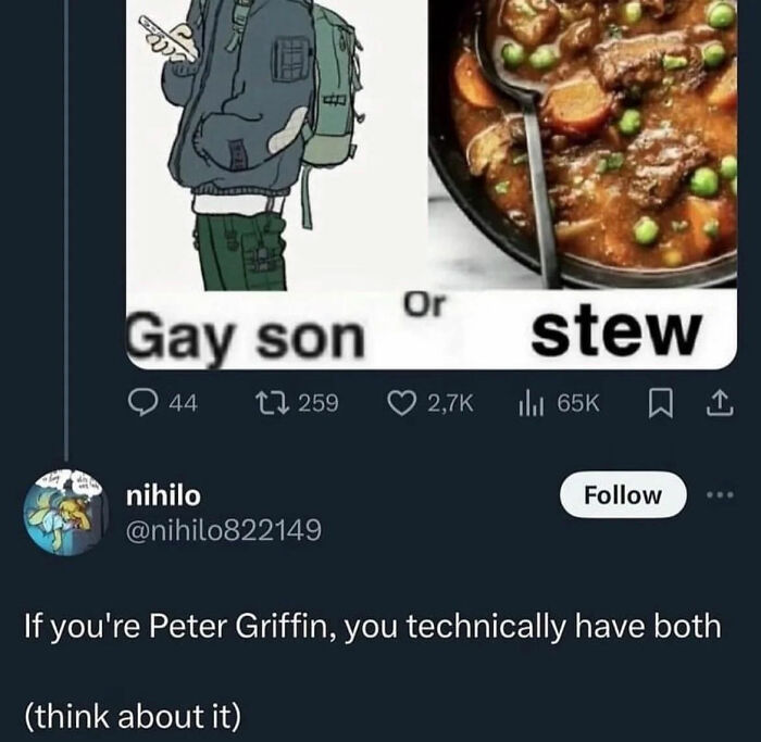 Funny meme comparing gay son and stew with Peter Griffin reference