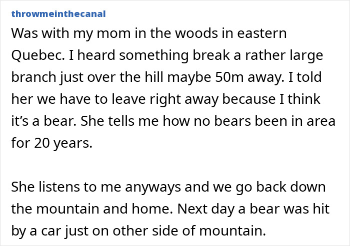 A Reddit post about real-life stories where gut feelings warned of a bear's presence.