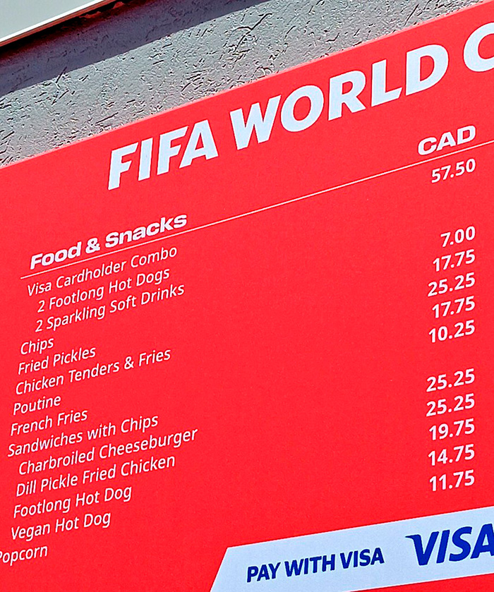 Close-up of FIFA World Cup 2026 food and snacks menu with prices in CAD