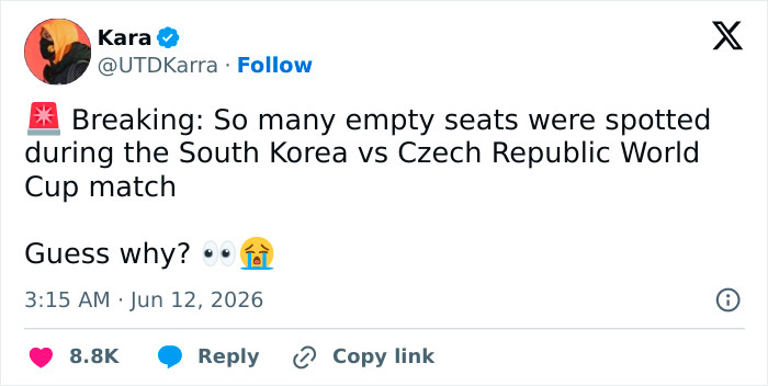 Social media post showing concern over empty seats at World Cup match