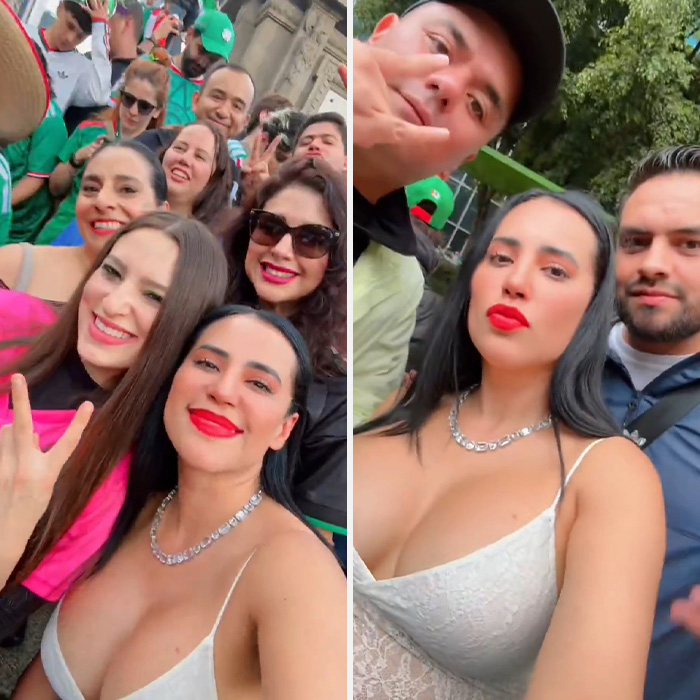 Split image: Former mayor in a revealing World Cup outfit with a crowd; another with a man. Split image: Former mayor in a revealing World Cup outfit with a crowd; another with a man.