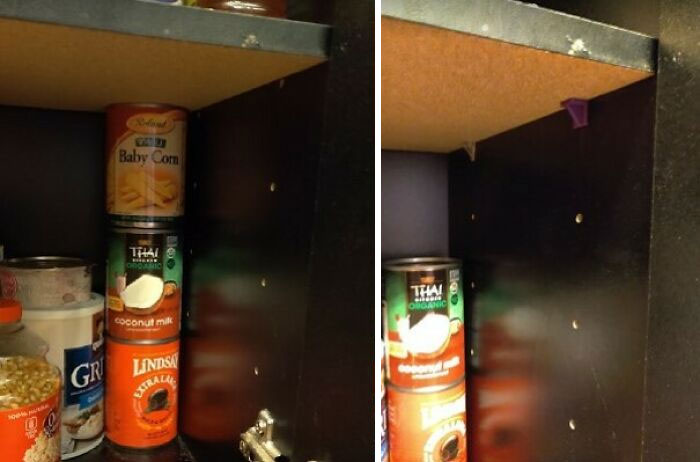 A before and after image showing 3D prints as small purple clips that prevent stacked cans from toppling, making everyday life much easier.