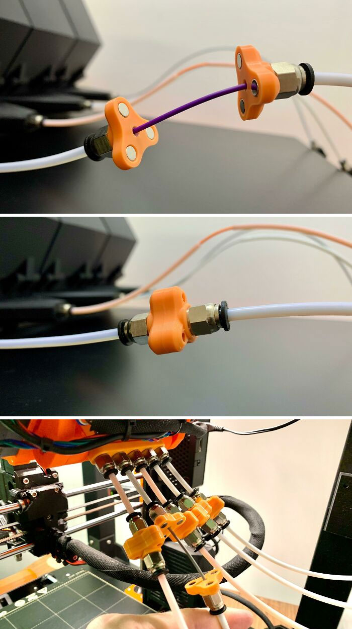 Close-up of functional 3D prints showing filament guides for a 3D printer, simplifying everyday life.