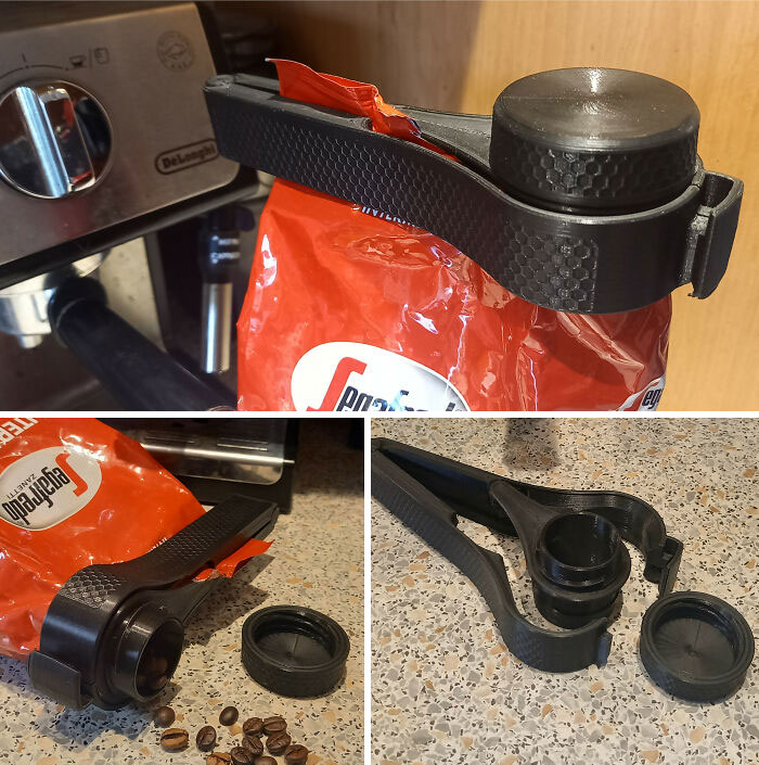A black 3D print coffee bag clip and scoop, making everyday life in the kitchen easier.