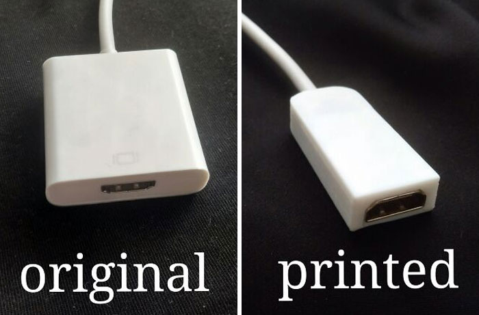 An image showing an original adapter next to a 3D print replica of an adapter, making everyday life much easier.