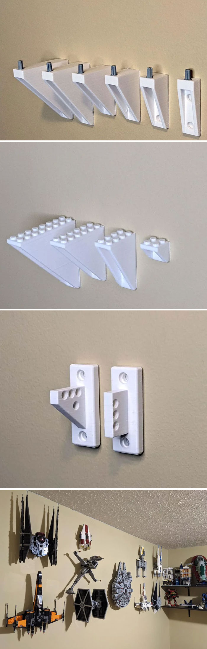 Functional 3D prints for wall-mounted Lego display shelves, making everyday life much easier for collectors.