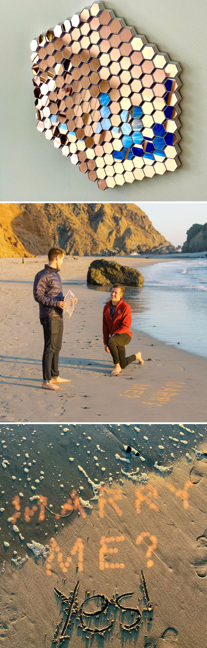 Hexagonal mirror art, a functional 3D print, on a wall and a beach proposal for everyday life.
