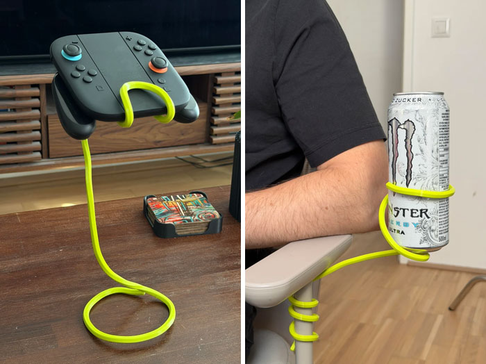 Two functional 3D prints: a stand for a game controller and a flexible arm holding an energy drink can.