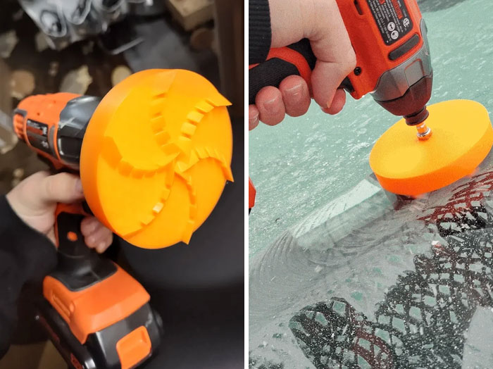 A dual image showing a functional 3D print, an orange drill attachment being used to scrub a surface.