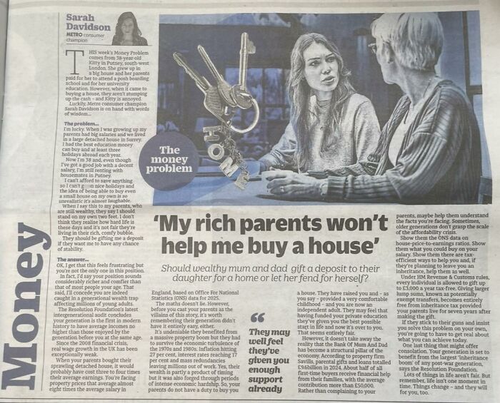 Newspaper article on rich parents helping children buy a house