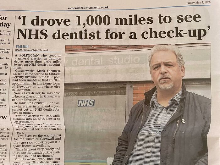 Local newspaper headline about driving 1,000 miles for NHS dentist check-up