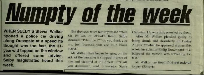 Newspaper clipping titled Numpty of the week about police and traffic incident