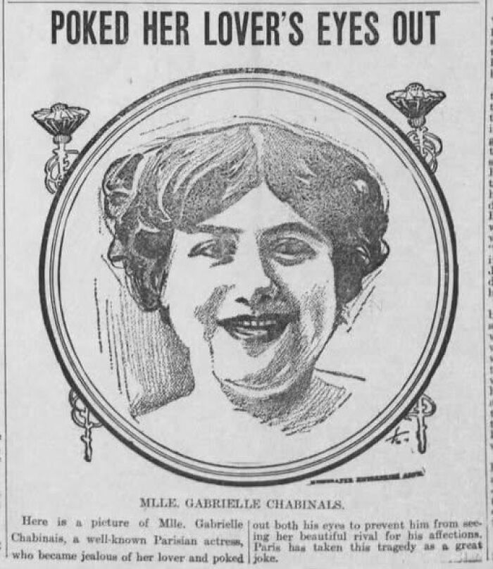 Vintage newspaper headline about local actress poking her lover's eyes out