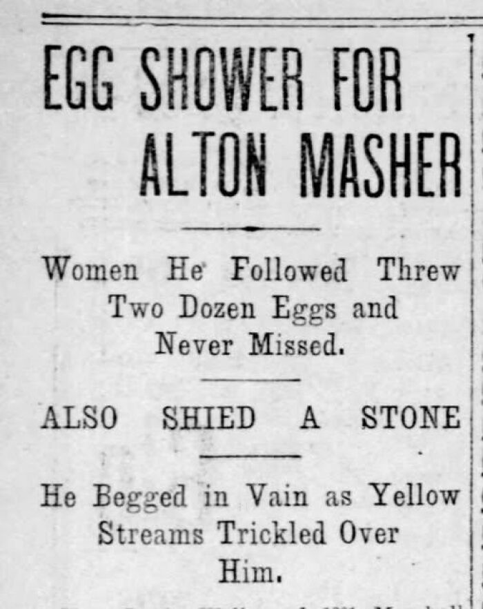 Ridiculous local newspaper headline about egg shower for Alton Masher