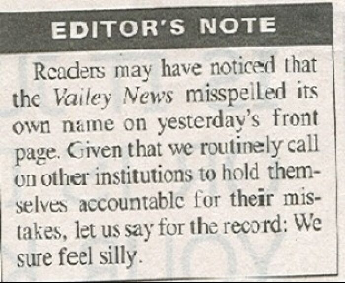 Editor's note admitting Valley News misspelled its own name on front page