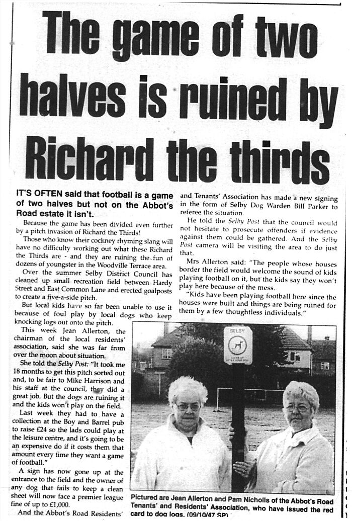 Newspaper clipping on football game ruined by local dogs and Richard the Thirds