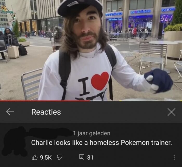A YouTube screenshot with a hilarious savage burn comment describing Charlie as a homeless Pokemon trainer.
