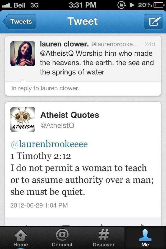 A screenshot of a Twitter exchange showing hilarious burns from Atheist Quotes to a user about religious quotes.