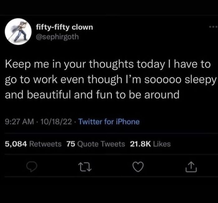 Funny post satirizing corporate life, a tweet about having to go to work while sleepy.