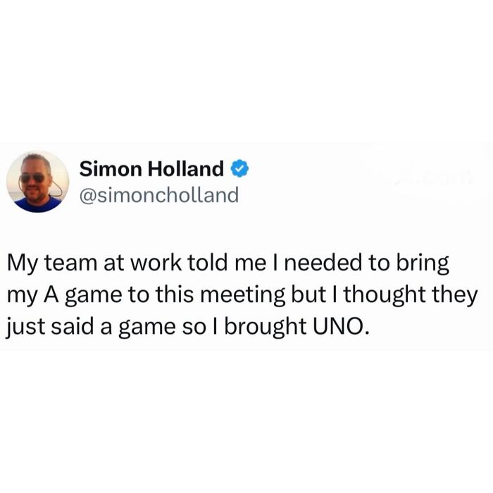 A funny post satirizing corporate life with a tweet about bringing UNO to a work meeting.