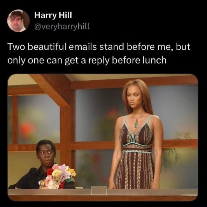 A funny post satirizing corporate life with a meme of Tyra Banks for choosing which email to reply to.