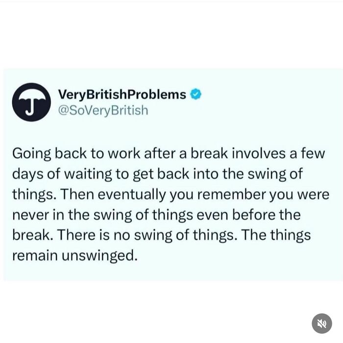Funny post satirizing corporate life, a tweet from VeryBritishProblems about returning to work after a break.