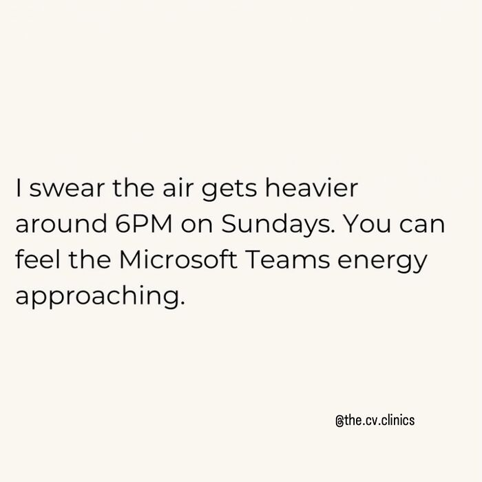 Funny posts satirizing corporate life: a text post about the heavy air on Sundays signaling work.