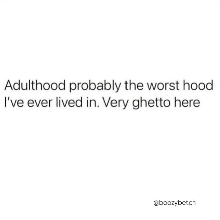 Funny posts satirizing corporate life: a text post describing adulthood as the worst hood.