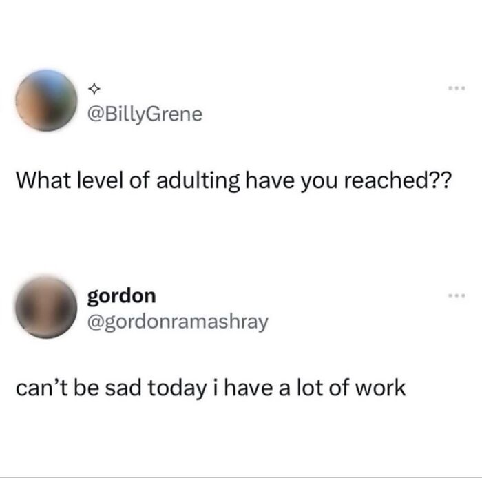 Funny posts satirizing corporate life: a tweet about not being sad because of too much work.