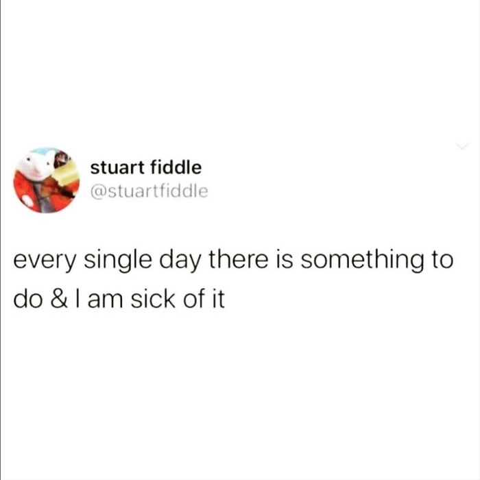 Funny posts satirizing corporate life, a tweet expressing tiredness of daily tasks.