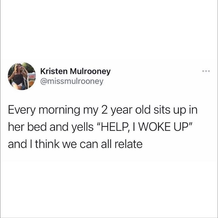 Funny post satirizing corporate life, a tweet from @missmulrooney saying, Every morning my 2 year old sits up in her bed and yells HELP, I WOKE UP and I think we can all relate.