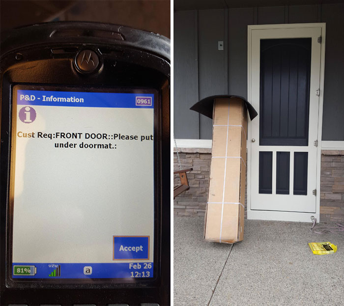 A split image showing a delivery request for a package under the doormat and a large box left upright beside the front door, a delivery fail.
