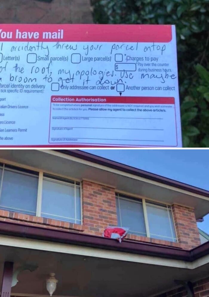 A delivery fail notice stating a parcel was accidentally thrown on the roof, with an image of the package on a house roof.