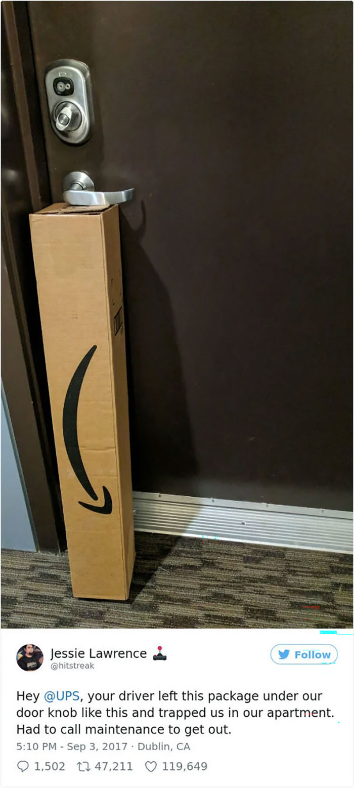 A delivery fail shows a tall Amazon package propped against a door, trapping residents inside their apartment.