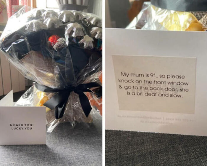 A unique chocolate bouquet and a card, a delivery fail, with specific instructions for a 91-year-old.