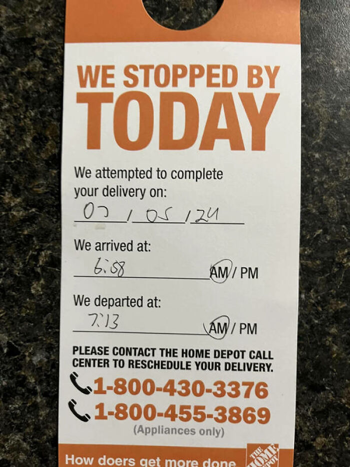 A delivery attempt note from The Home Depot titled WE STOPPED BY TODAY, illustrating a common delivery fail.