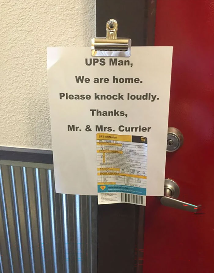A note to UPS man and a UPS Infotrace label on a red door. A funny delivery fail.