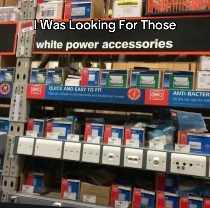 A store shelf with an unfortunate bad design fail in its labeling, showing power accessories mislabeled.
