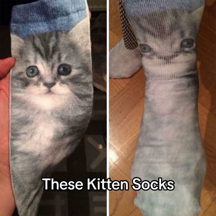 A pair of kitten socks displaying a hilariously bad design fail, with the kitten's face distorted when worn.