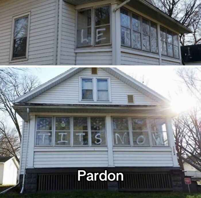Hilariously bad design fail on a house, where window decorations misspell LE T**S NOW.