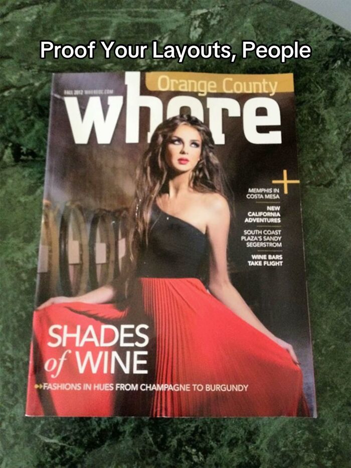 A hilariously bad design fail, a magazine cover with a model whose leg is obscured by a large red dress.
