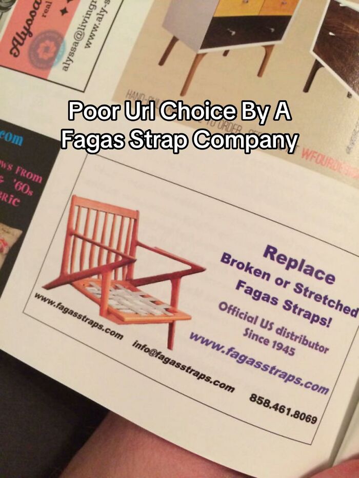 An advertisement for 'Fagas Straps' with a URL that is a poor design choice, a hilarious design fail.