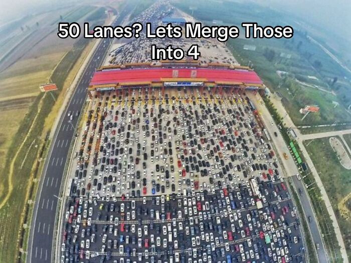 An aerial view of a massive traffic jam at a toll plaza where 50 lanes merge into 4, a bad design fail.