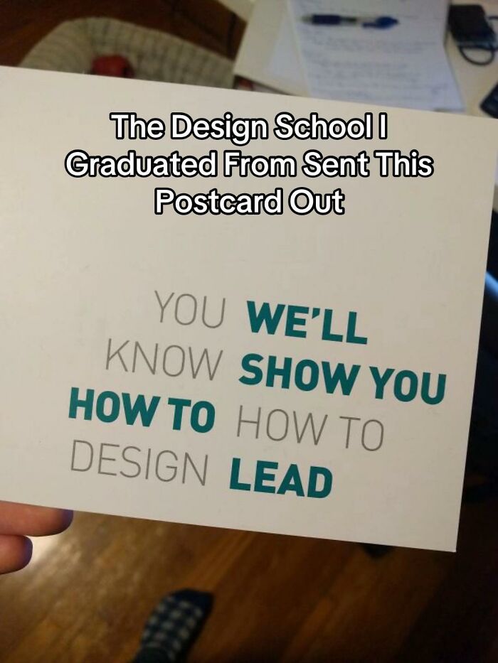 A hilariously bad design fail on a postcard for a design school with jumbled text that is unreadable, making it a design fail.