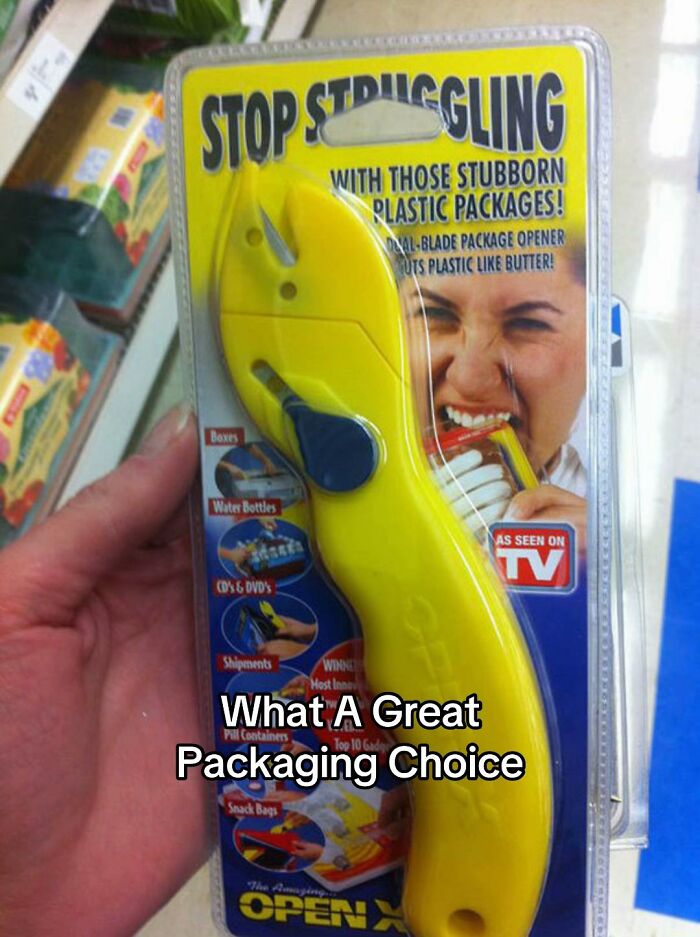 A hilariously bad design fail: a package opener in a hard-to-open plastic package, defeating its own purpose. A clear design fail.