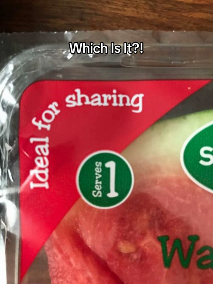 A hilariously bad design fail on food packaging that says 'Ideal for sharing' but also 'Serves 1', creating conflicting information.