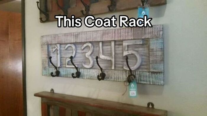 A hilariously bad design fail shows a coat rack with five hooks under the numbers 1, 2, 3, 4, 5, but the number 5 has no hook.