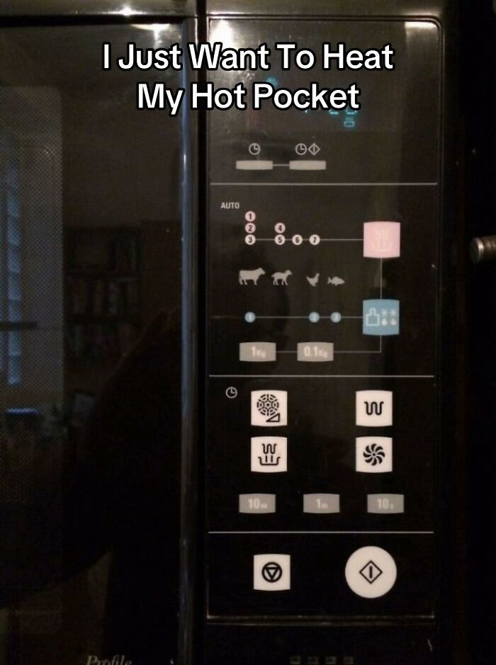 A microwave oven control panel with many complex symbols, an example of hilariously bad design fails.